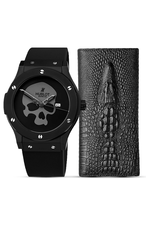 Часы Hublot Skull Bang и Портмоне Wild Alligator в подарок, стильные мужские часы Hublot с портмоне Wild Alligator